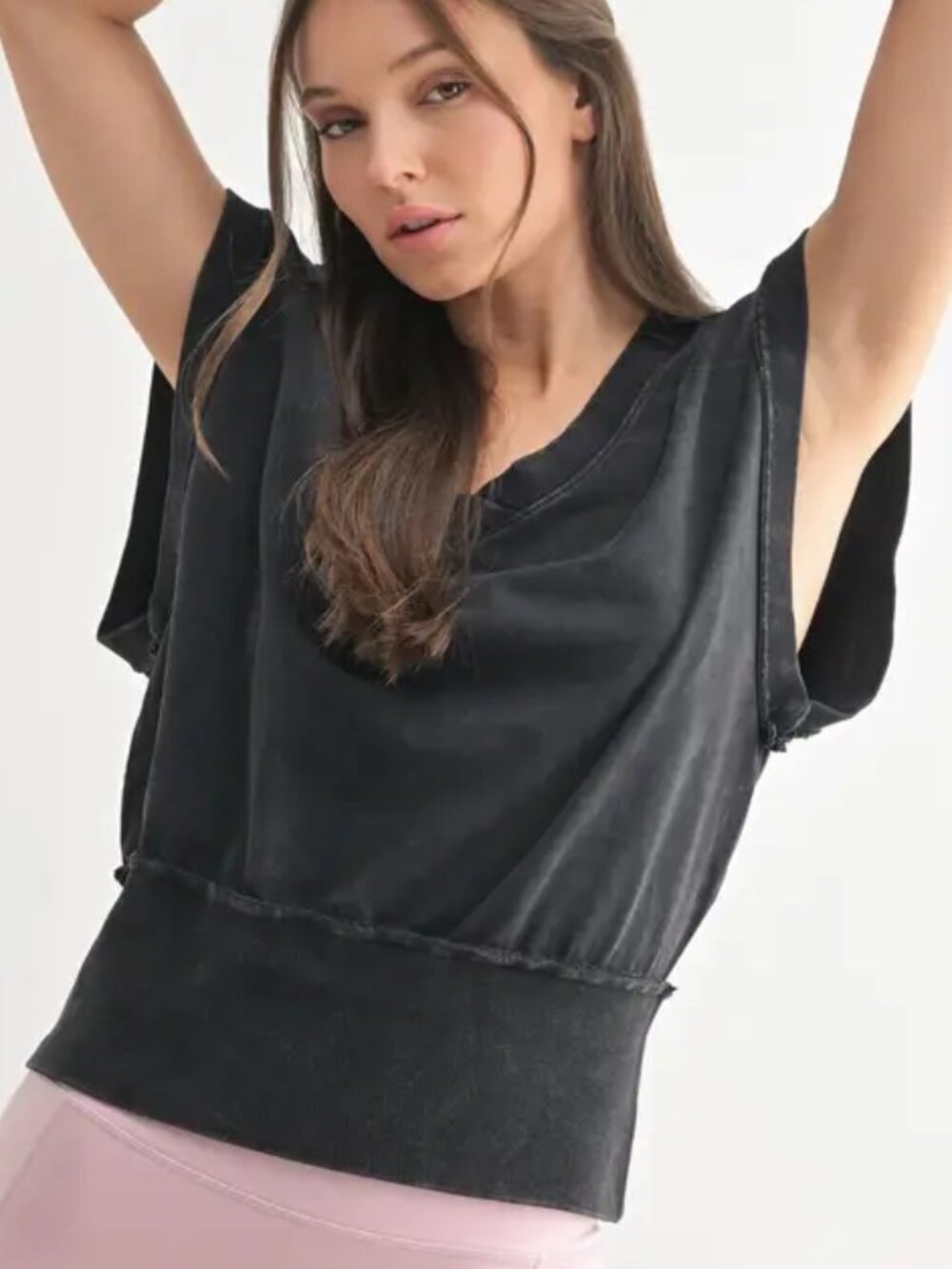 Mono B Vintage Stone Wash V-Neck Top - Black